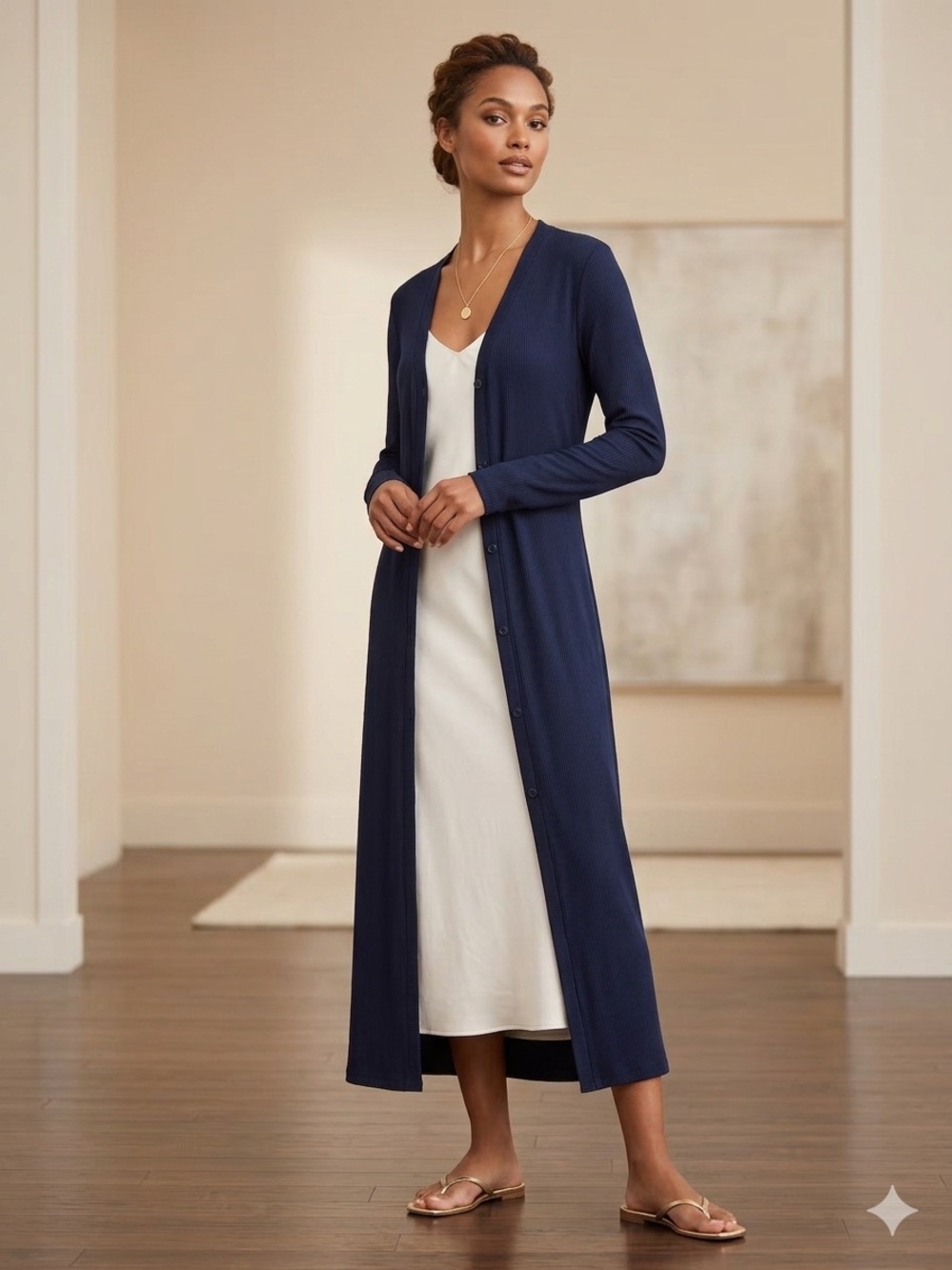 Navy Long Button-Front Robe Cardigan